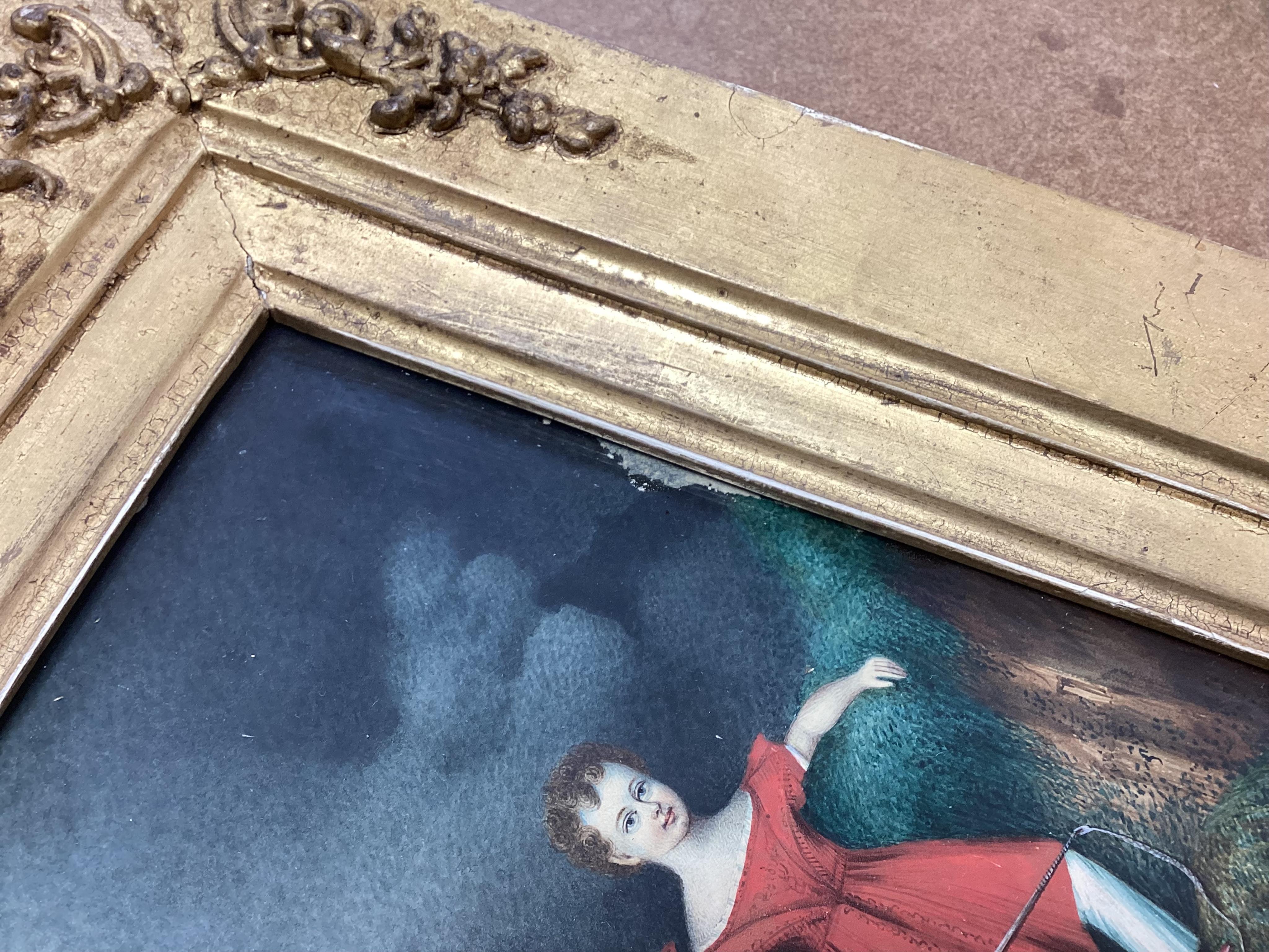 Regency School, Portrait of three siblings beside a river, unsigned, watercolour on card, 20 x 17cm, ornate gilt frame